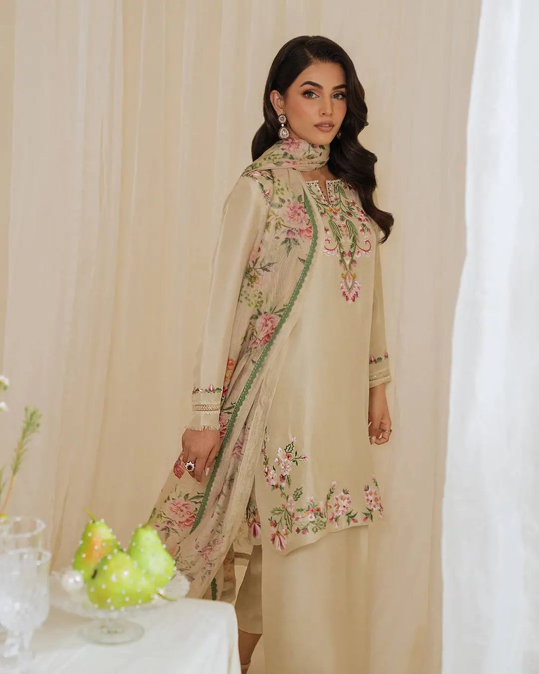 Pure Natural Crepe Embroidered Suit Set with Farshi Plazzo & Digital Print Dupatta – Festive & Party Wear