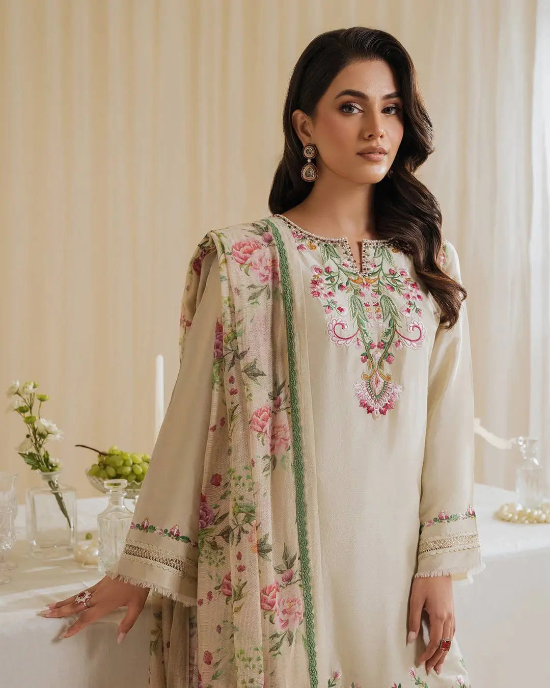 Pure Natural Crepe Embroidered Suit Set with Farshi Plazzo & Digital Print Dupatta – Festive & Party Wear