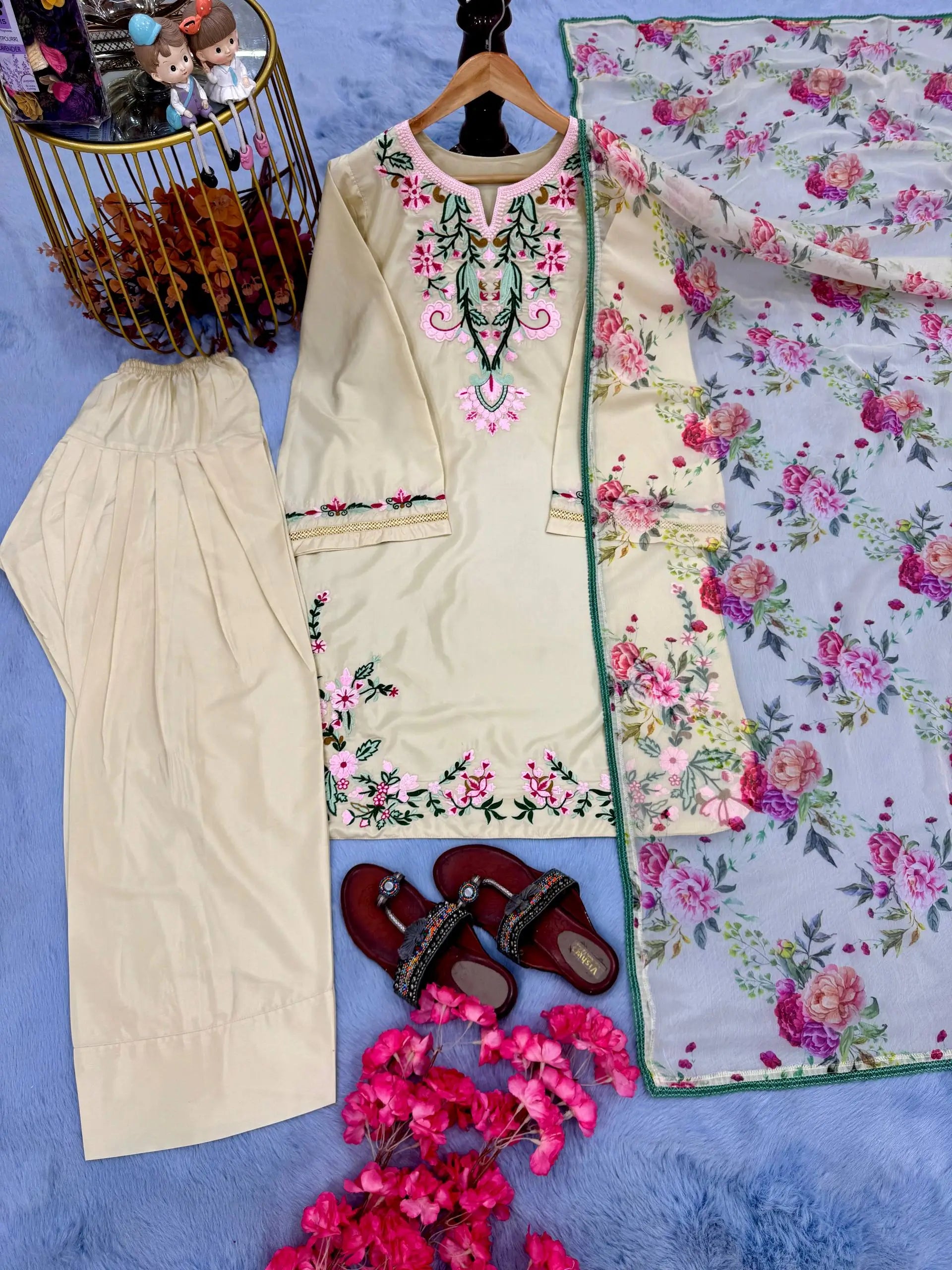 Pure Natural Crepe Embroidered Suit Set with Farshi Plazzo & Digital Print Dupatta – Festive & Party Wear