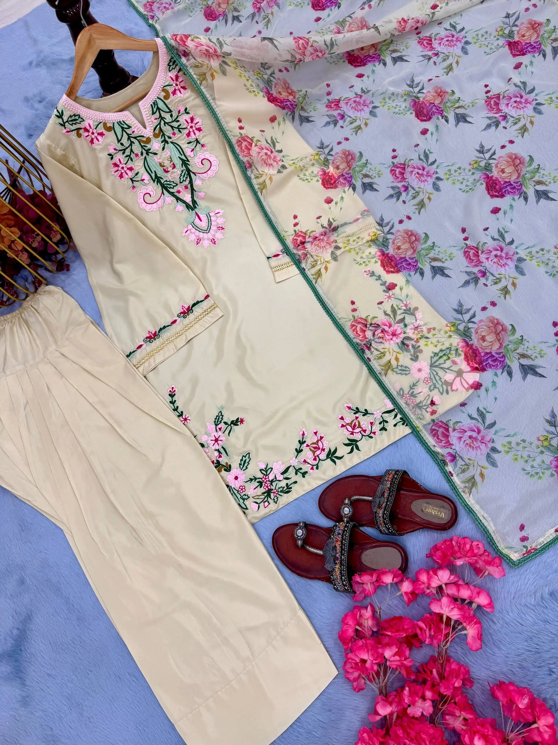 Pure Natural Crepe Embroidered Suit Set with Farshi Plazzo & Digital Print Dupatta – Festive & Party Wear