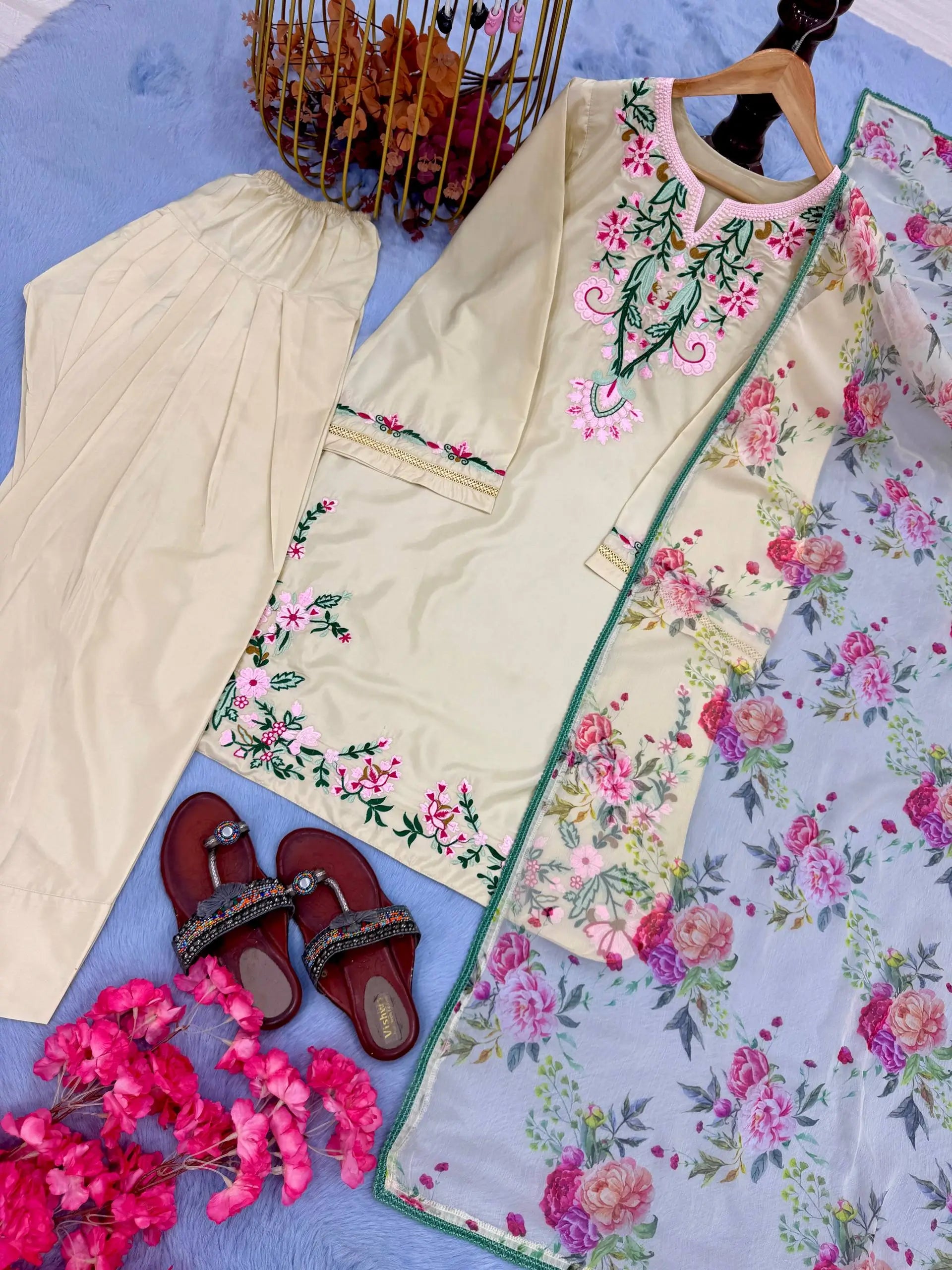Pure Natural Crepe Embroidered Suit Set with Farshi Plazzo & Digital Print Dupatta – Festive & Party Wear