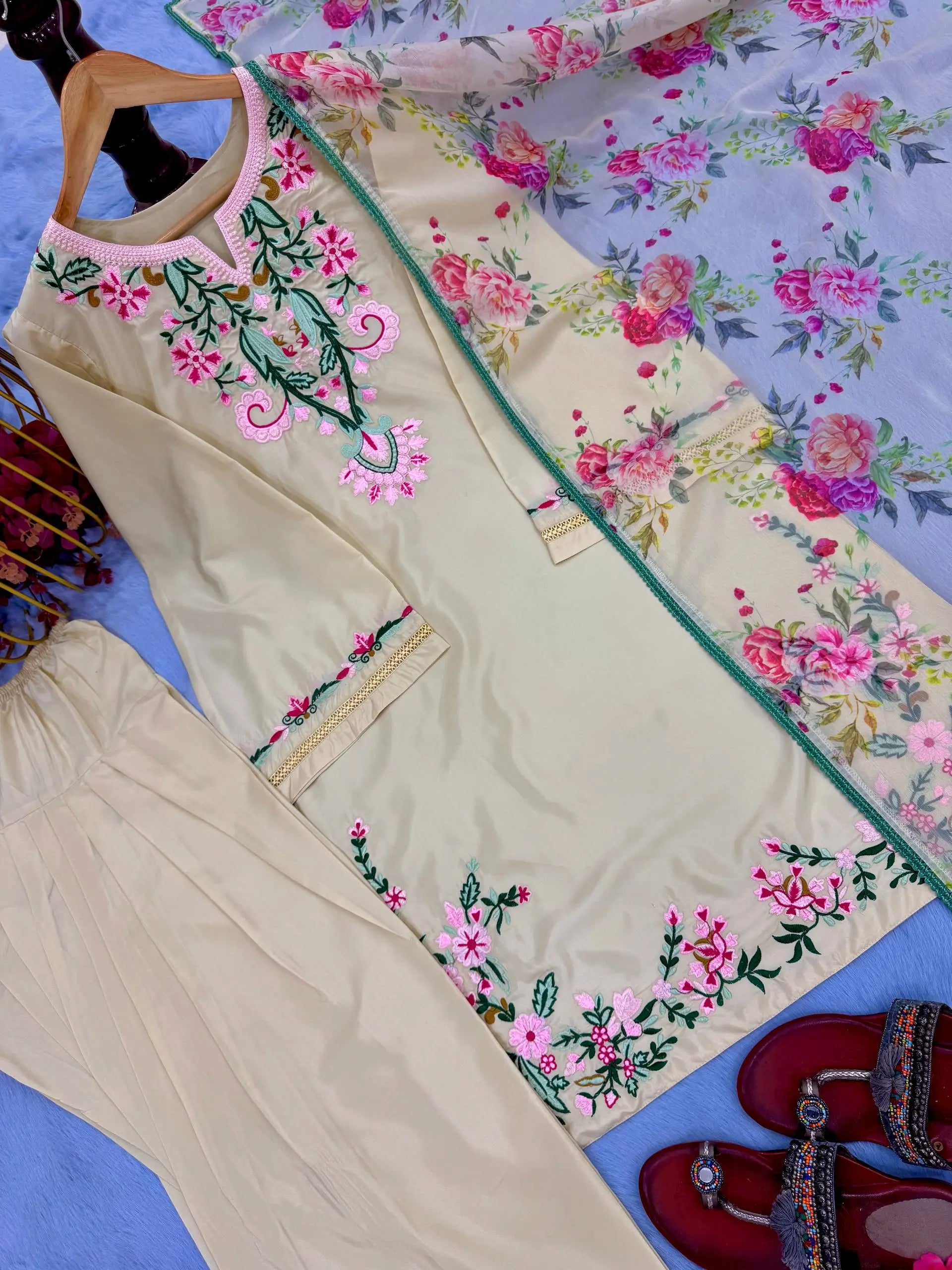 Pure Natural Crepe Embroidered Suit Set with Farshi Plazzo & Digital Print Dupatta – Festive & Party Wear
