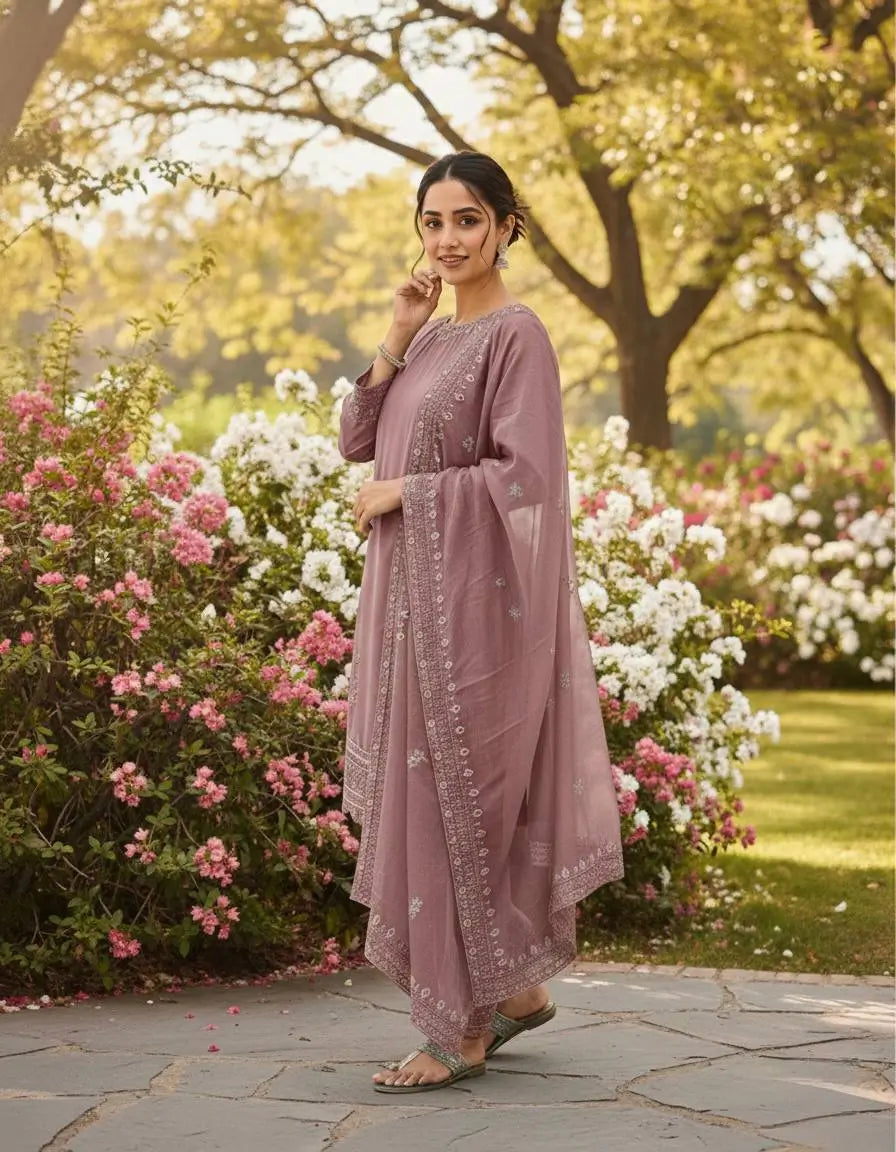 Pure Natural Crepe Farshi Palazzo Set with 3 mm Sequence Embroidery and Organza Dupatta