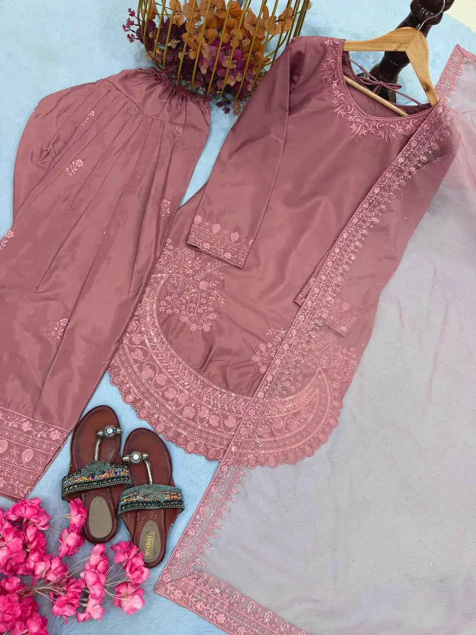 Pure Natural Crepe Farshi Palazzo Set with 3 mm Sequence Embroidery and Organza Dupatta