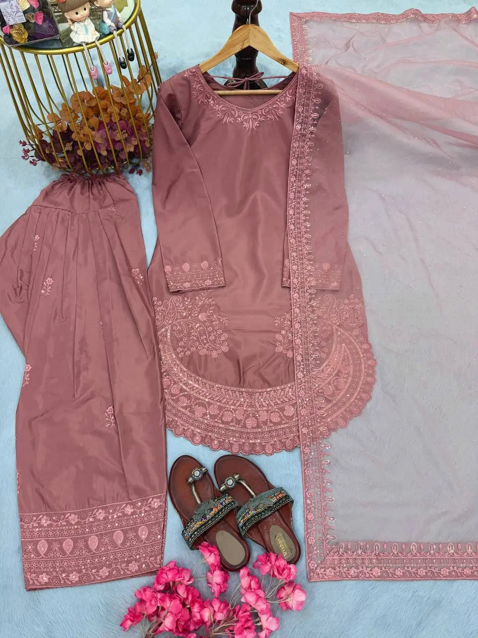 Pure Natural Crepe Farshi Palazzo Set with 3 mm Sequence Embroidery and Organza Dupatta