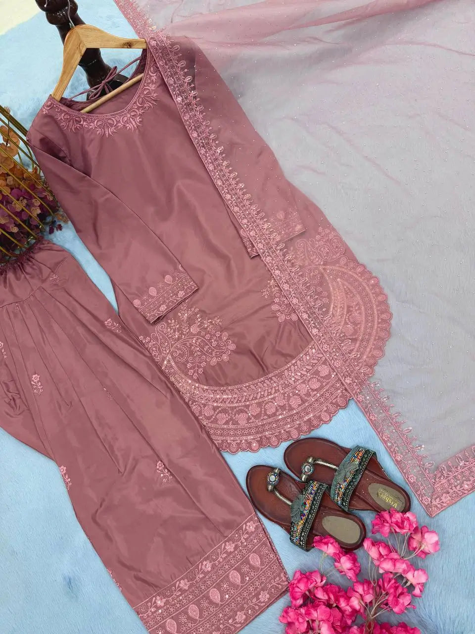 Pure Natural Crepe Farshi Palazzo Set with 3 mm Sequence Embroidery and Organza Dupatta