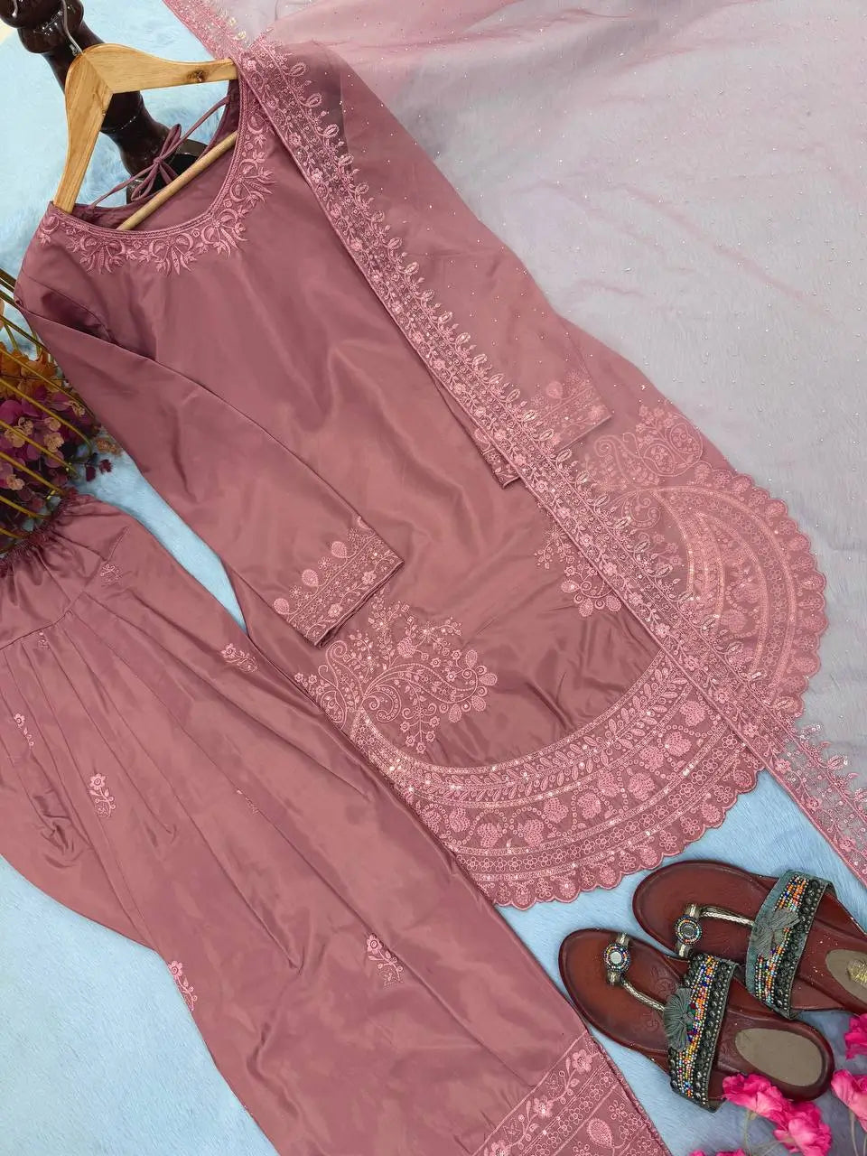 Pure Natural Crepe Farshi Palazzo Set with 3 mm Sequence Embroidery and Organza Dupatta