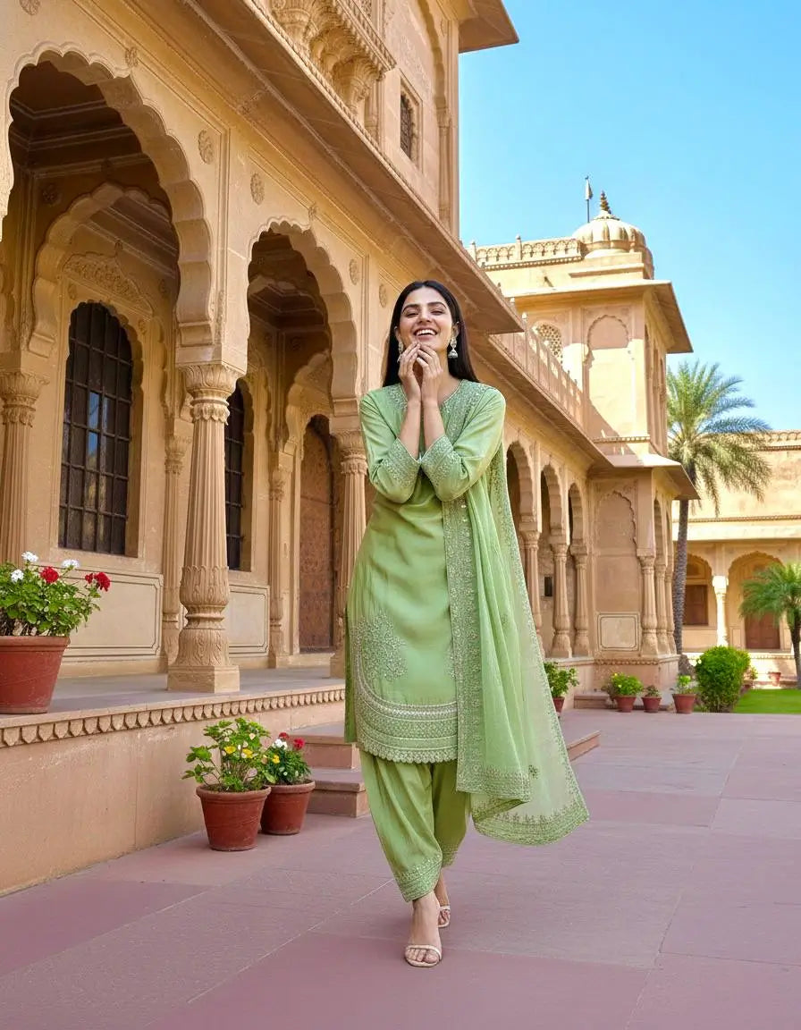 Pure Natural Crepe Farshi Palazzo Set with 3 mm Sequence Embroidery and Organza Dupatta