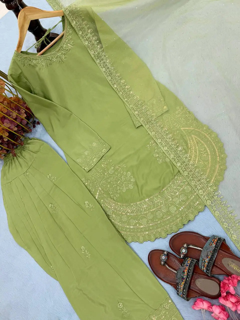 Pure Natural Crepe Farshi Palazzo Set with 3 mm Sequence Embroidery and Organza Dupatta