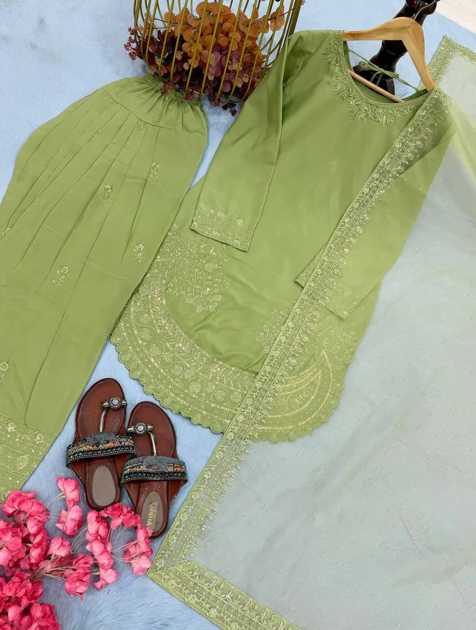 Pure Natural Crepe Farshi Palazzo Set with 3 mm Sequence Embroidery and Organza Dupatta