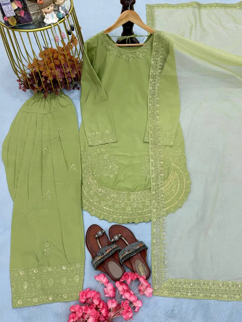Pure Natural Crepe Farshi Palazzo Set with 3 mm Sequence Embroidery and Organza Dupatta
