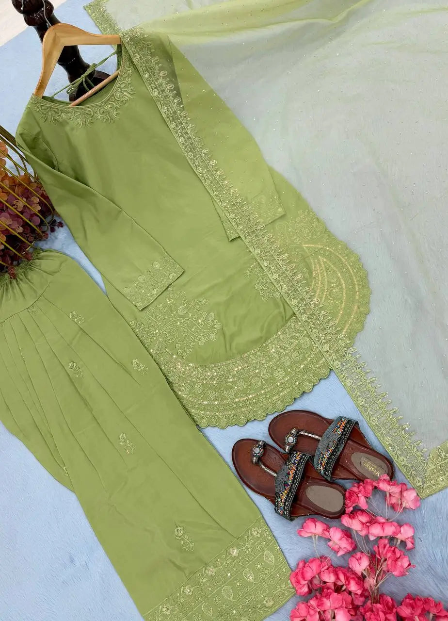 Pure Natural Crepe Farshi Palazzo Set with 3 mm Sequence Embroidery and Organza Dupatta