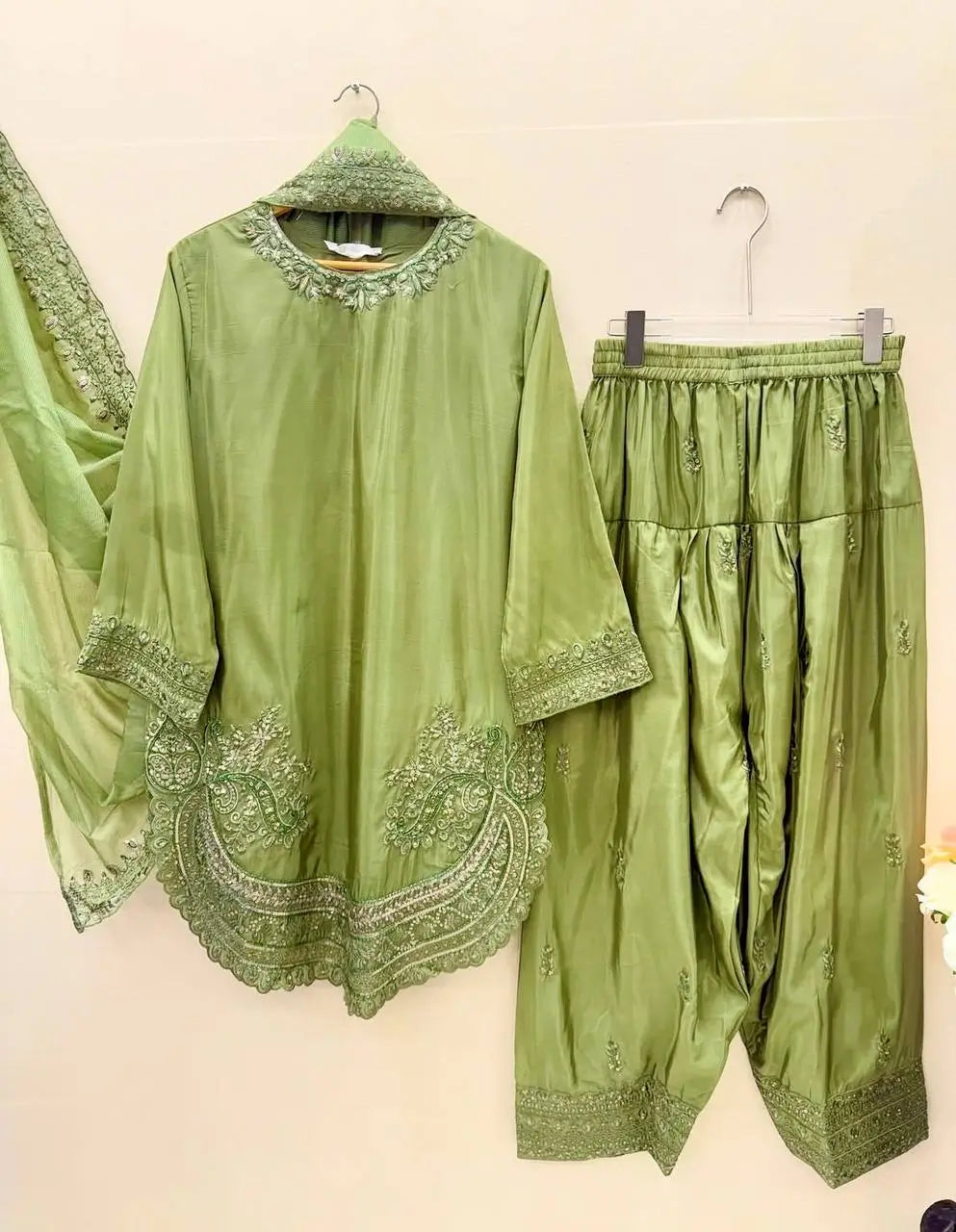 Pure Natural Crepe Farshi Palazzo Set with 3 mm Sequence Embroidery and Organza Dupatta
