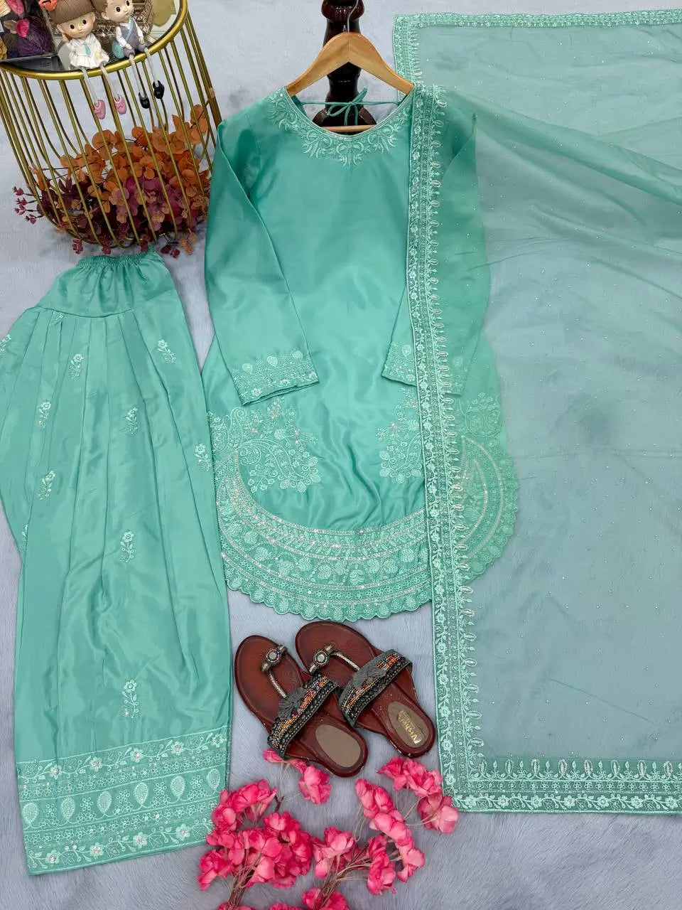 Pure Natural Crepe Farshi Palazzo Set with 3 mm Sequence Embroidery and Organza Dupatta