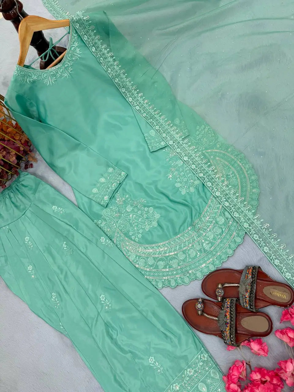 Pure Natural Crepe Farshi Palazzo Set with 3 mm Sequence Embroidery and Organza Dupatta