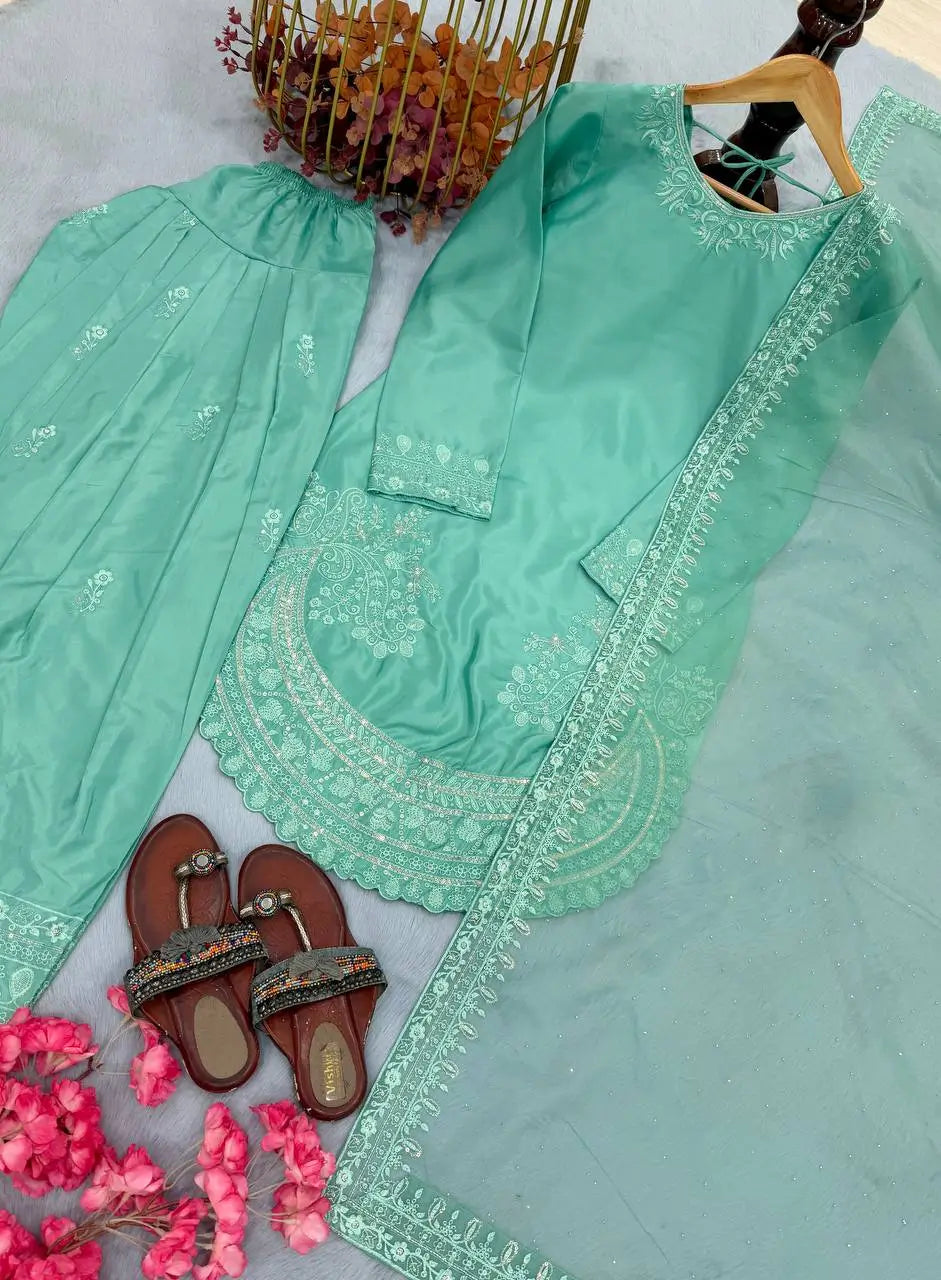 Pure Natural Crepe Farshi Palazzo Set with 3 mm Sequence Embroidery and Organza Dupatta