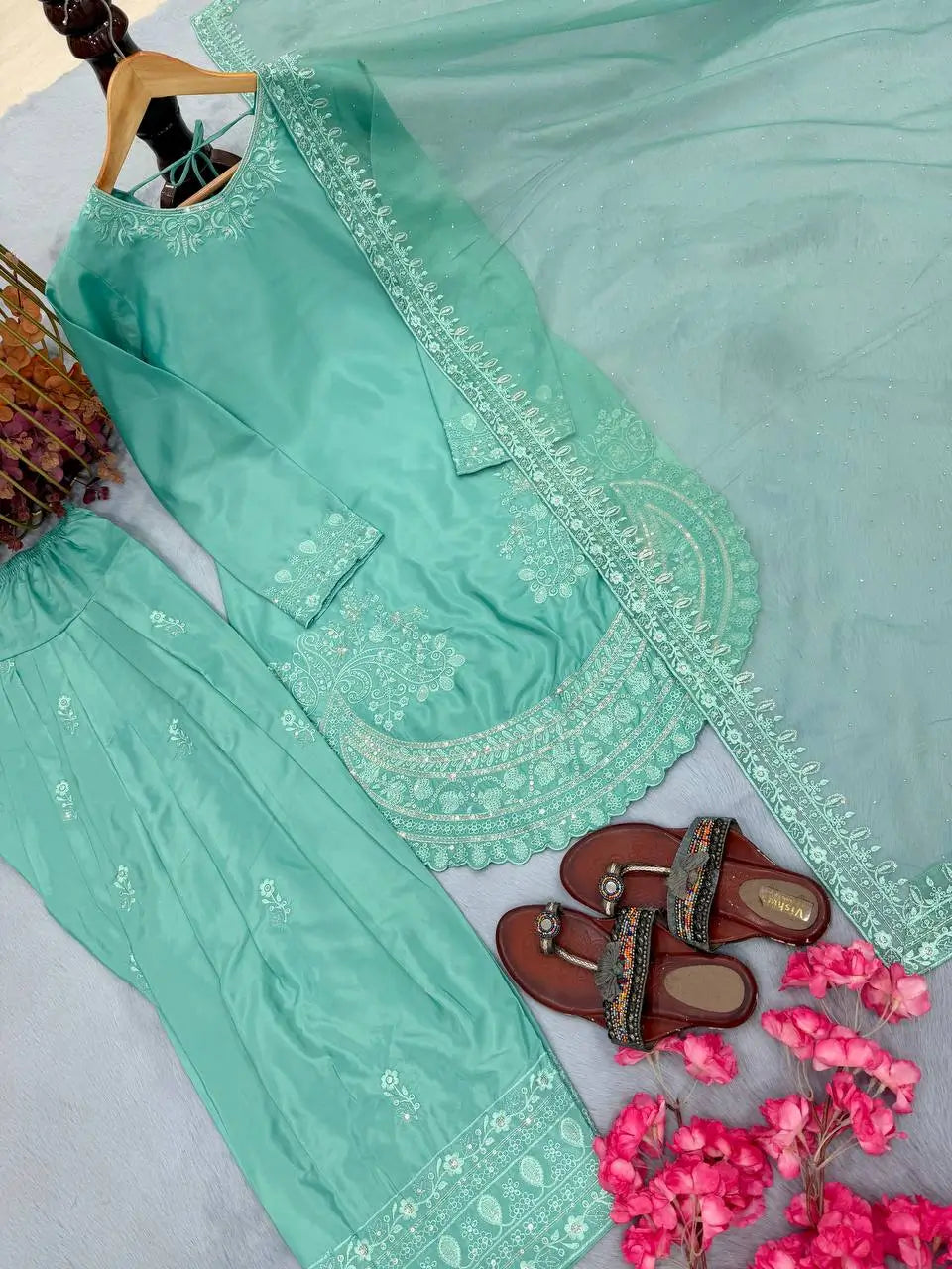 Pure Natural Crepe Farshi Palazzo Set with 3 mm Sequence Embroidery and Organza Dupatta