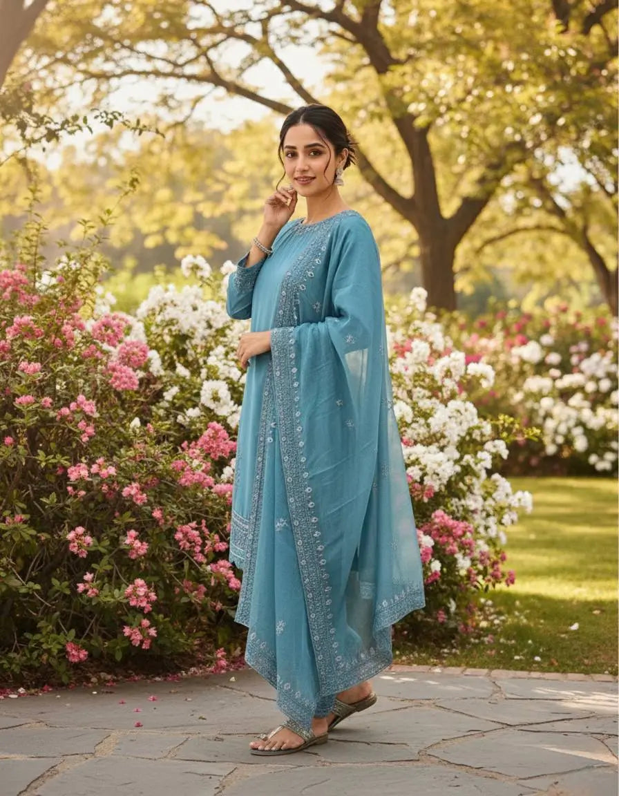 Pure Natural Crepe Farshi Palazzo Set with 3 mm Sequence Embroidery and Organza Dupatta