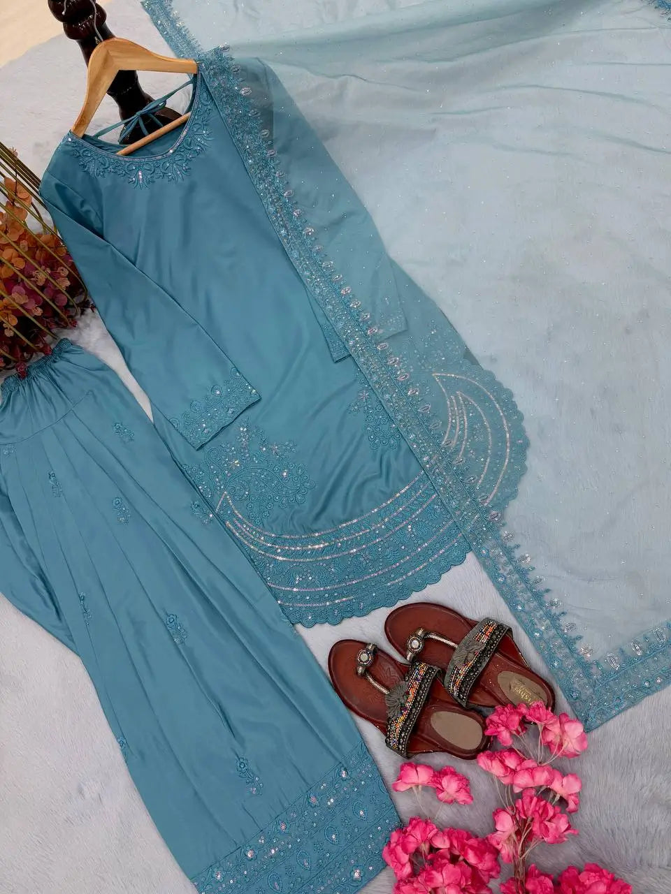 Pure Natural Crepe Farshi Palazzo Set with 3 mm Sequence Embroidery and Organza Dupatta