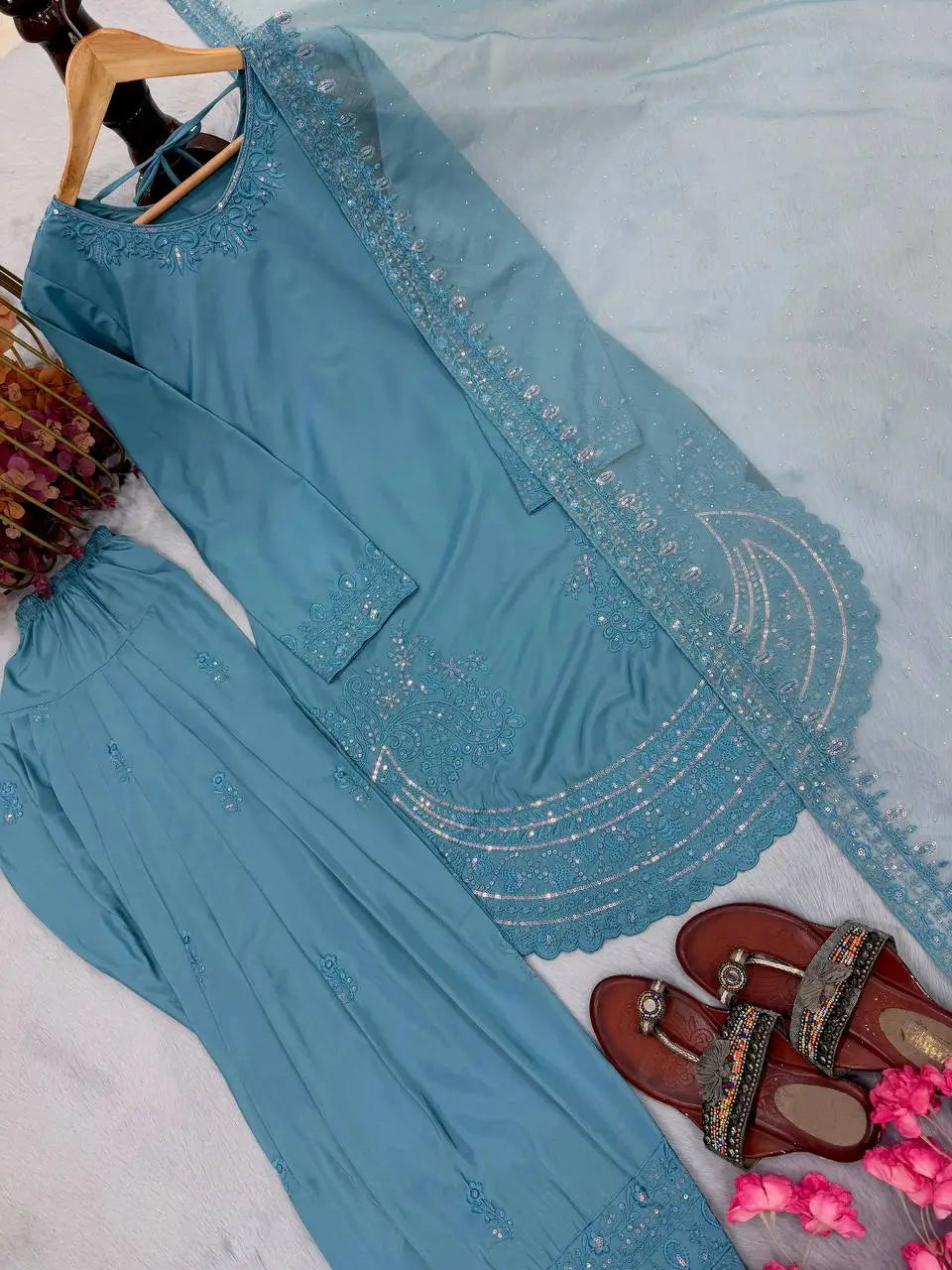 Pure Natural Crepe Farshi Palazzo Set with 3 mm Sequence Embroidery and Organza Dupatta