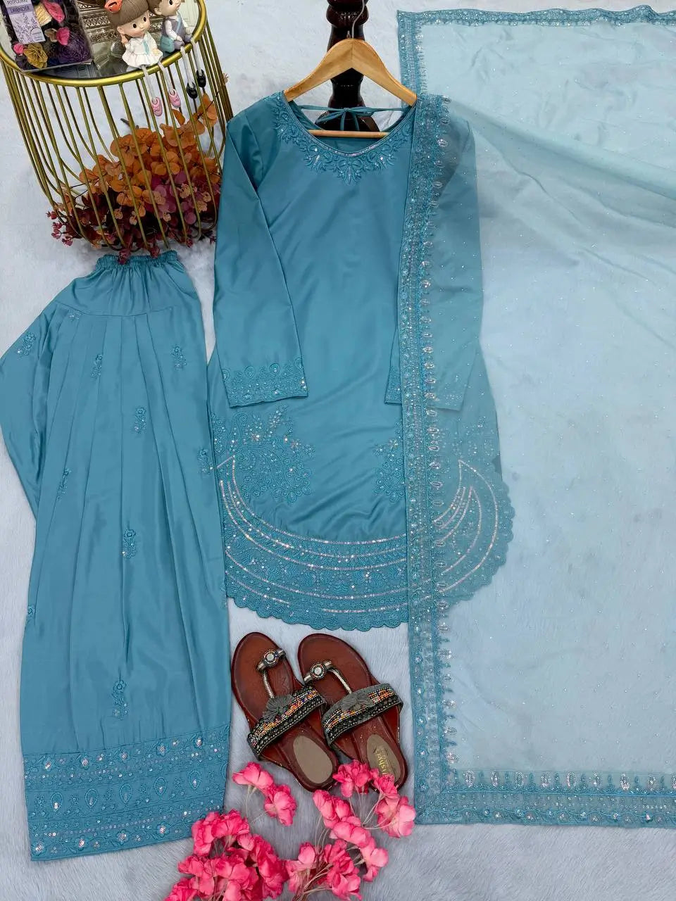 Pure Natural Crepe Farshi Palazzo Set with 3 mm Sequence Embroidery and Organza Dupatta