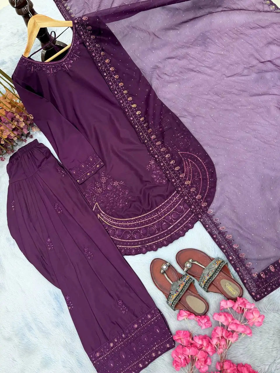 Pure Natural Crepe Farshi Palazzo Set with 3 mm Sequence Embroidery and Organza Dupatta