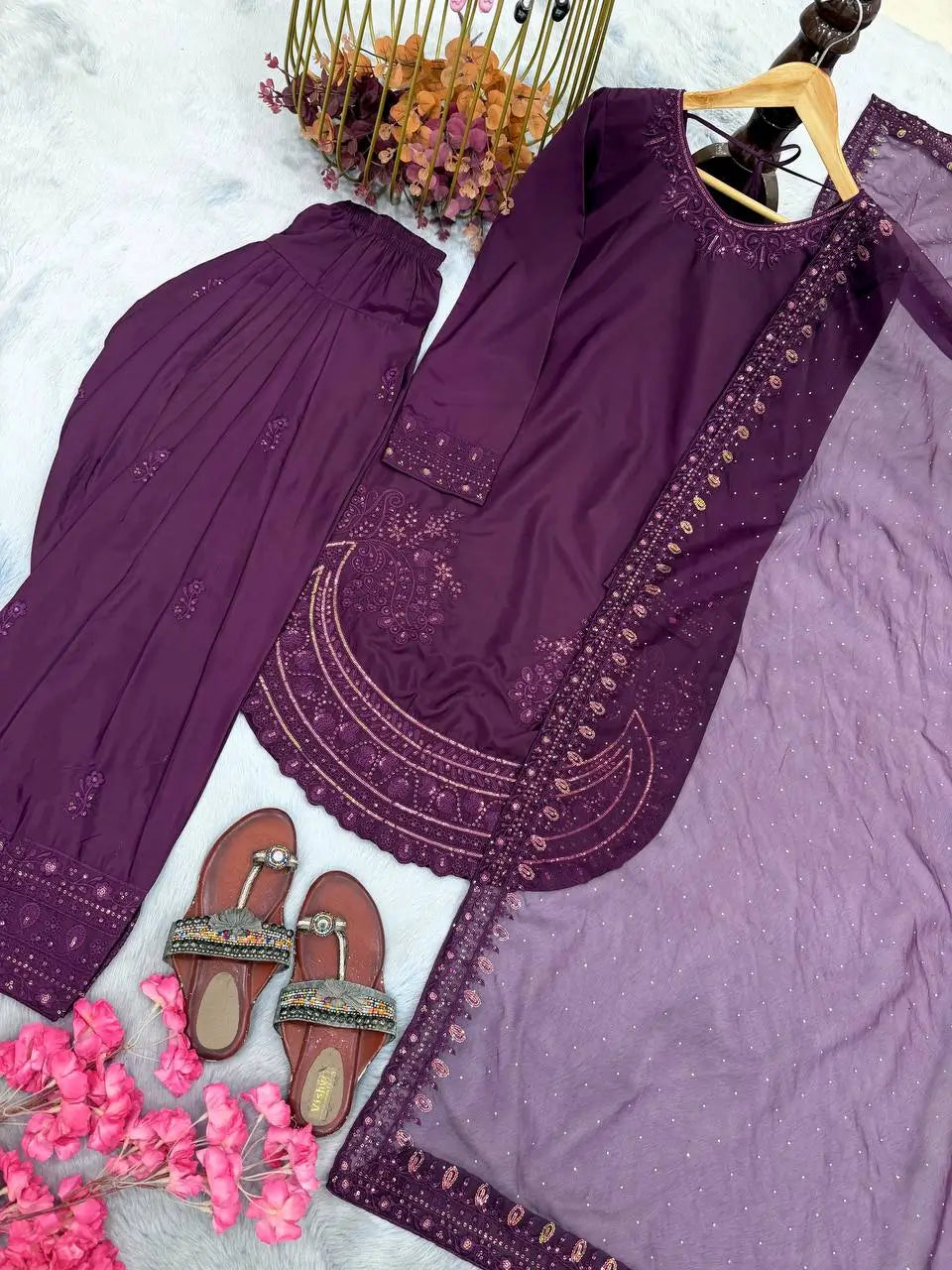 Pure Natural Crepe Farshi Palazzo Set with 3 mm Sequence Embroidery and Organza Dupatta