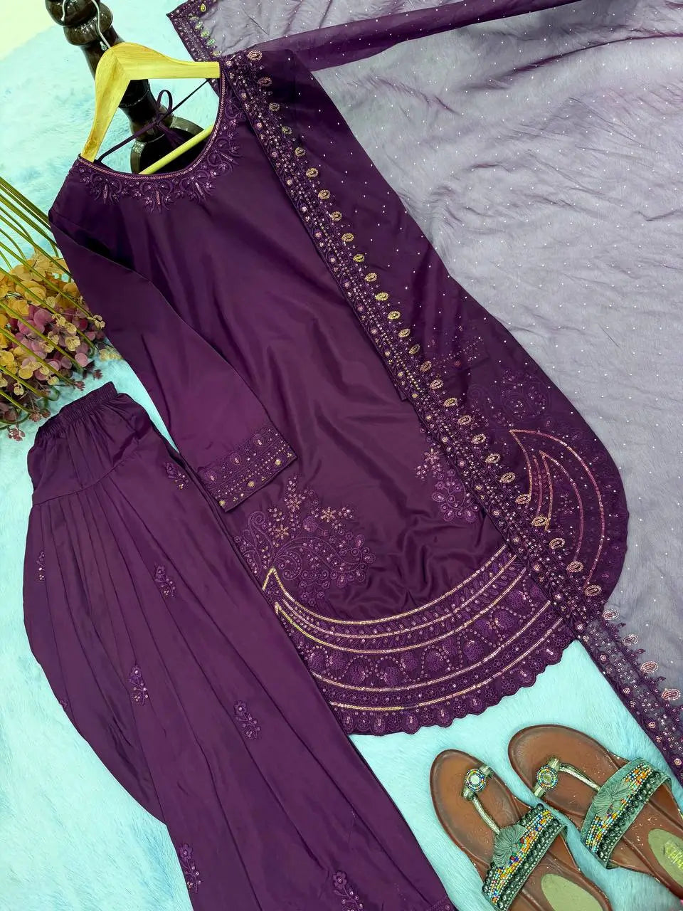 Pure Natural Crepe Farshi Palazzo Set with 3 mm Sequence Embroidery and Organza Dupatta