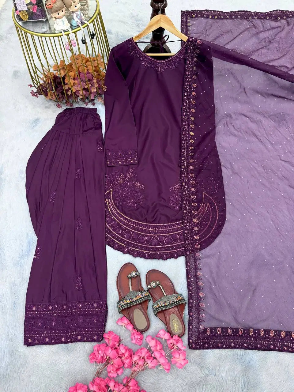 Pure Natural Crepe Farshi Palazzo Set with 3 mm Sequence Embroidery and Organza Dupatta