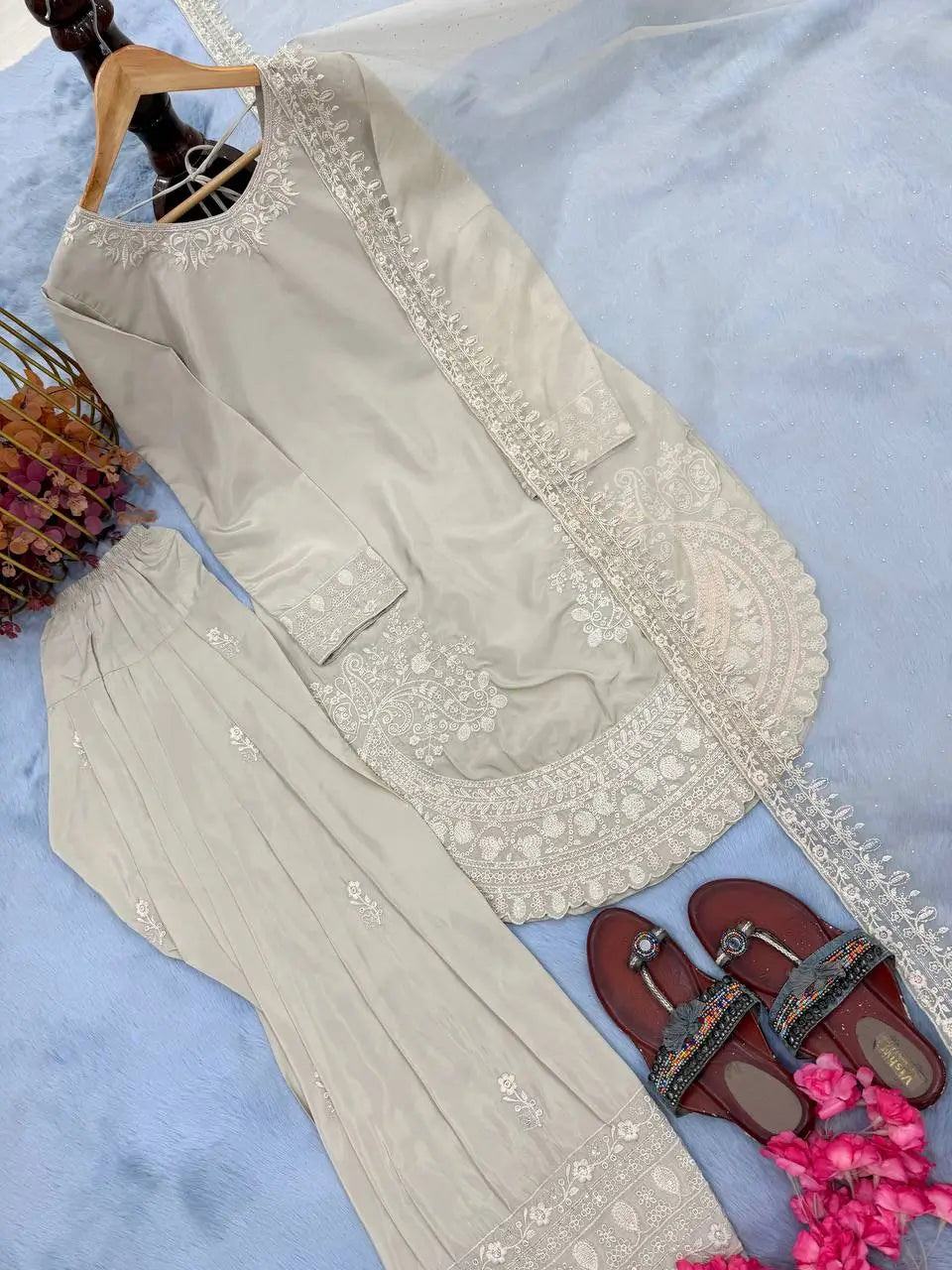 Pure Natural Crepe Farshi Palazzo Set with 3 mm Sequence Embroidery and Organza Dupatta