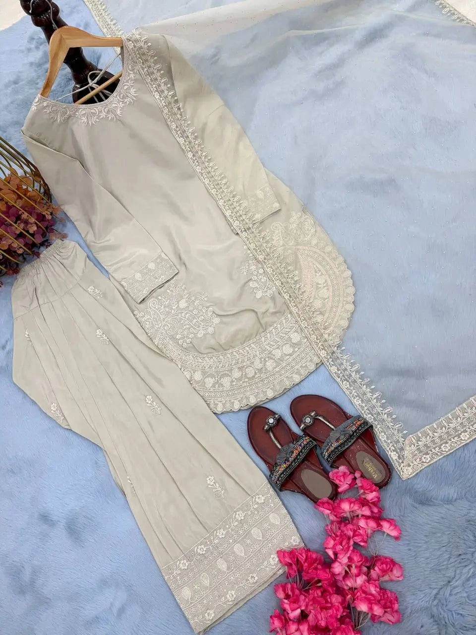 Pure Natural Crepe Farshi Palazzo Set with 3 mm Sequence Embroidery and Organza Dupatta