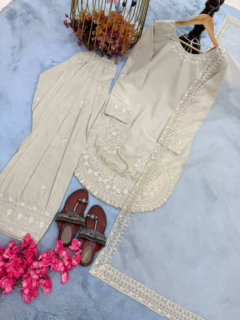 Pure Natural Crepe Farshi Palazzo Set with 3 mm Sequence Embroidery and Organza Dupatta