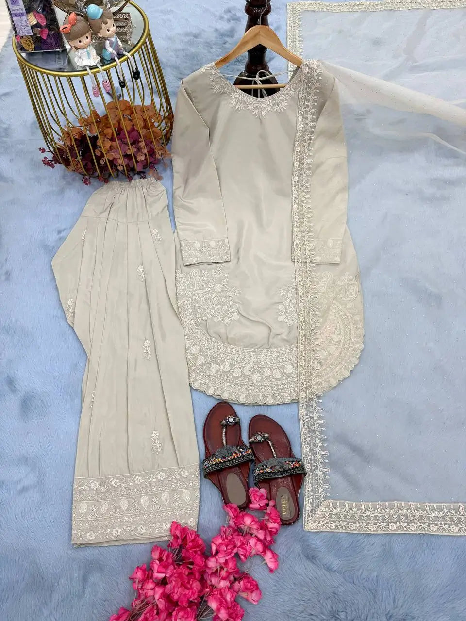 Pure Natural Crepe Farshi Palazzo Set with 3 mm Sequence Embroidery and Organza Dupatta