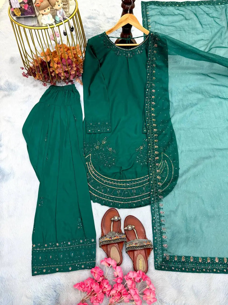 Pure Natural Crepe Farshi Palazzo Set with 3 mm Sequence Embroidery and Organza Dupatta