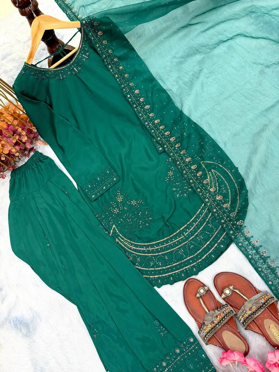 Pure Natural Crepe Farshi Palazzo Set with 3 mm Sequence Embroidery and Organza Dupatta