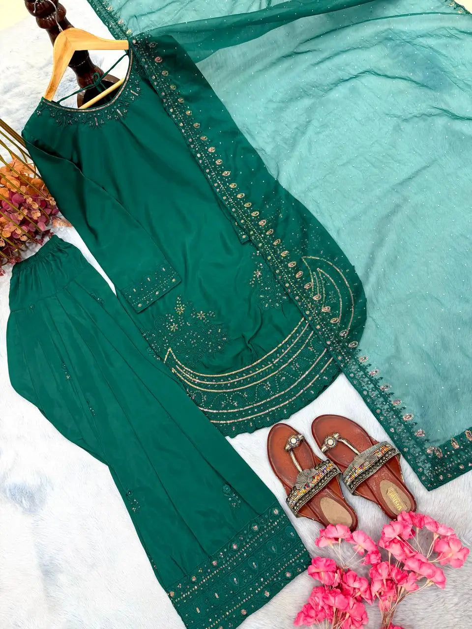 Pure Natural Crepe Farshi Palazzo Set with 3 mm Sequence Embroidery and Organza Dupatta