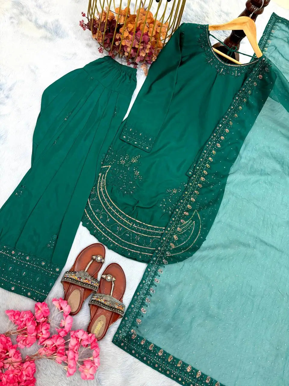 Pure Natural Crepe Farshi Palazzo Set with 3 mm Sequence Embroidery and Organza Dupatta