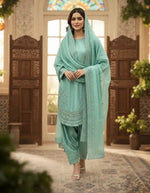 Pure Natural Crepe Farshi Palazzo Set with 3 mm Sequence Embroidery and Organza Dupatta