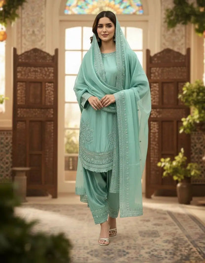 Pure Natural Crepe Farshi Palazzo Set with 3 mm Sequence Embroidery and Organza Dupatta