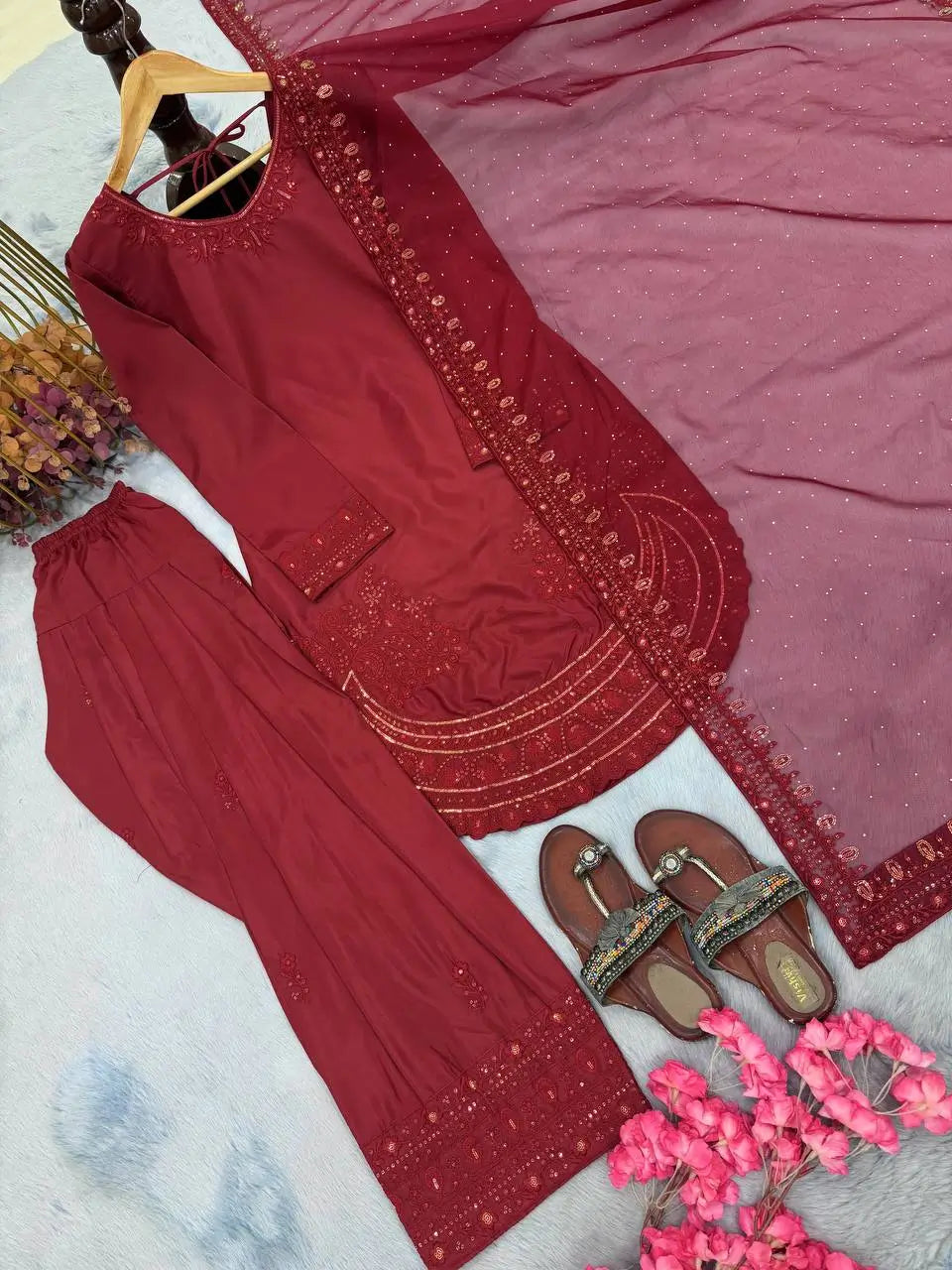 Pure Natural Crepe Farshi Palazzo Set with 3 mm Sequence Embroidery and Organza Dupatta
