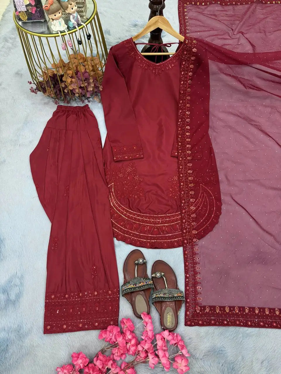 Pure Natural Crepe Farshi Palazzo Set with 3 mm Sequence Embroidery and Organza Dupatta