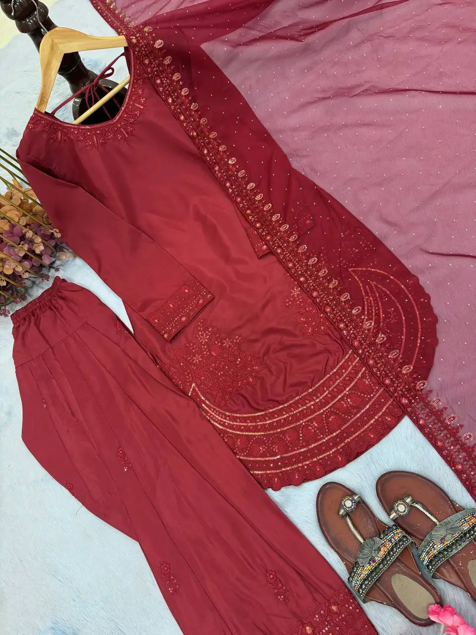 Pure Natural Crepe Farshi Palazzo Set with 3 mm Sequence Embroidery and Organza Dupatta