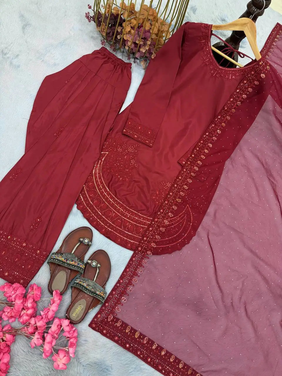 Pure Natural Crepe Farshi Palazzo Set with 3 mm Sequence Embroidery and Organza Dupatta