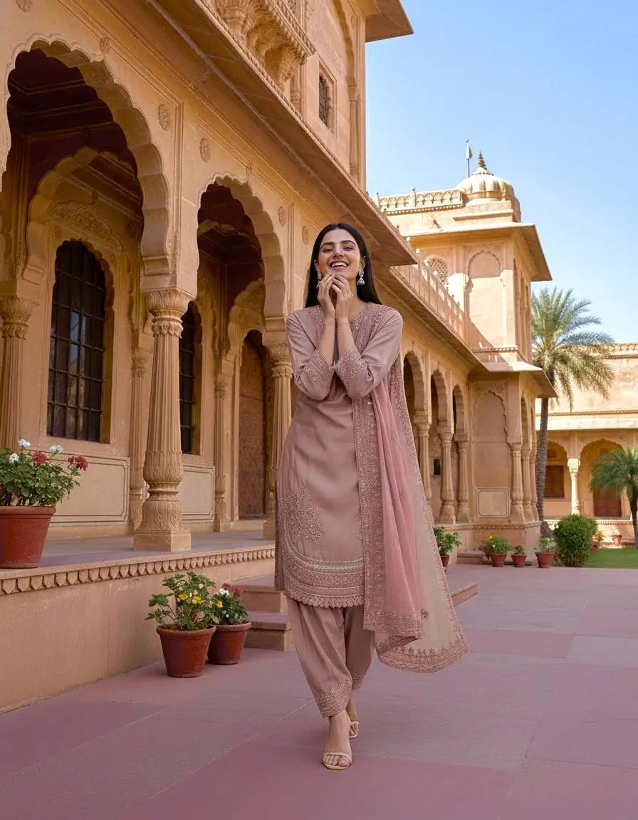 Pure Natural Crepe Farshi Palazzo Set with 3 mm Sequence Embroidery and Organza Dupatta