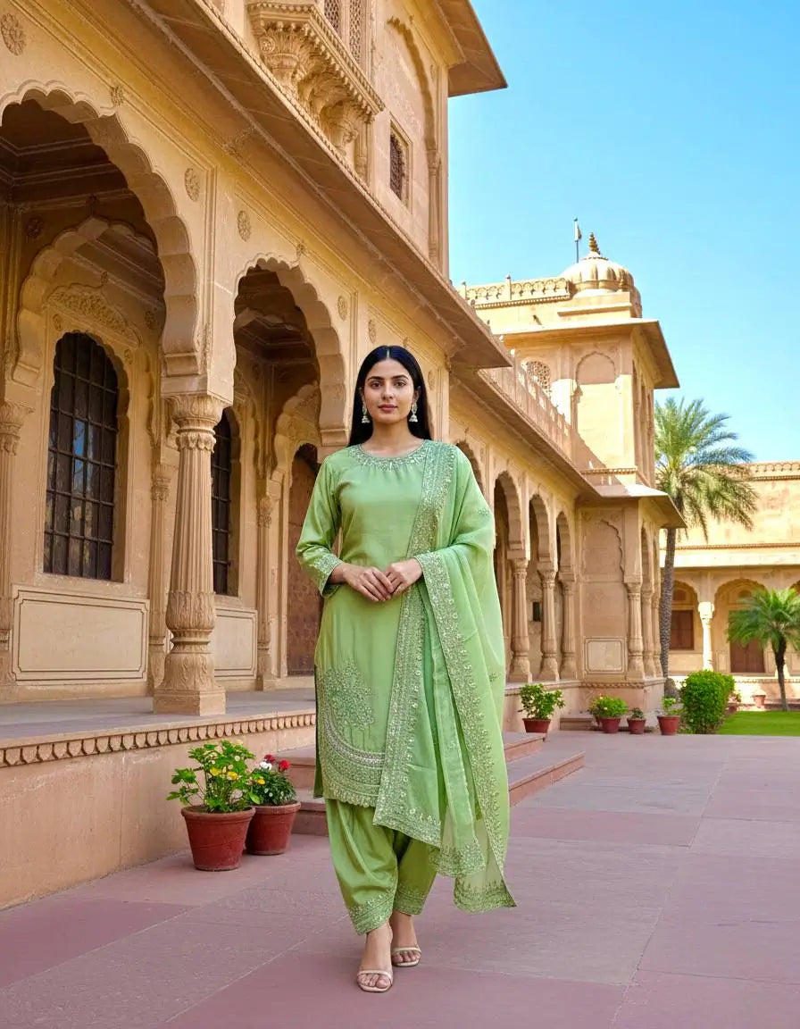Pure Natural Crepe Farshi Palazzo Set with 3 mm Sequence Embroidery and Organza Dupatta