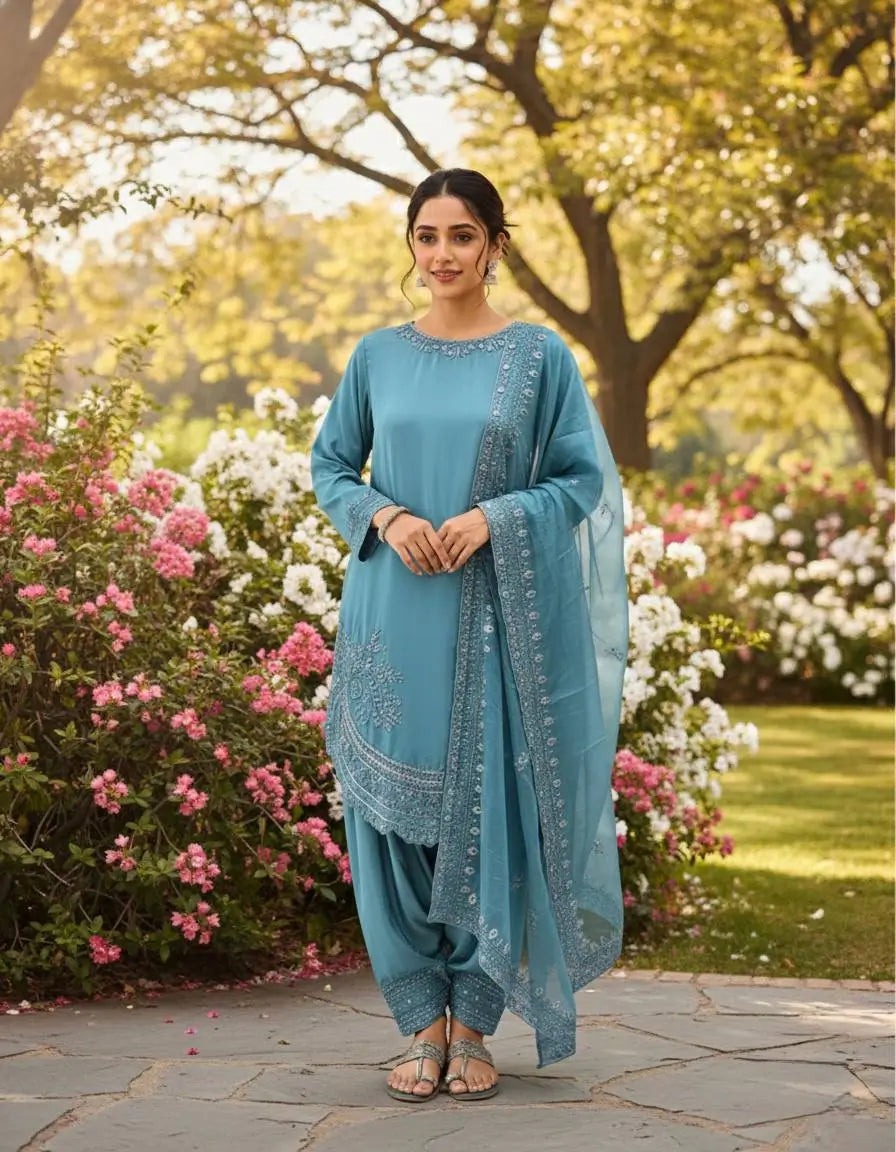 Pure Natural Crepe Farshi Palazzo Set with 3 mm Sequence Embroidery and Organza Dupatta