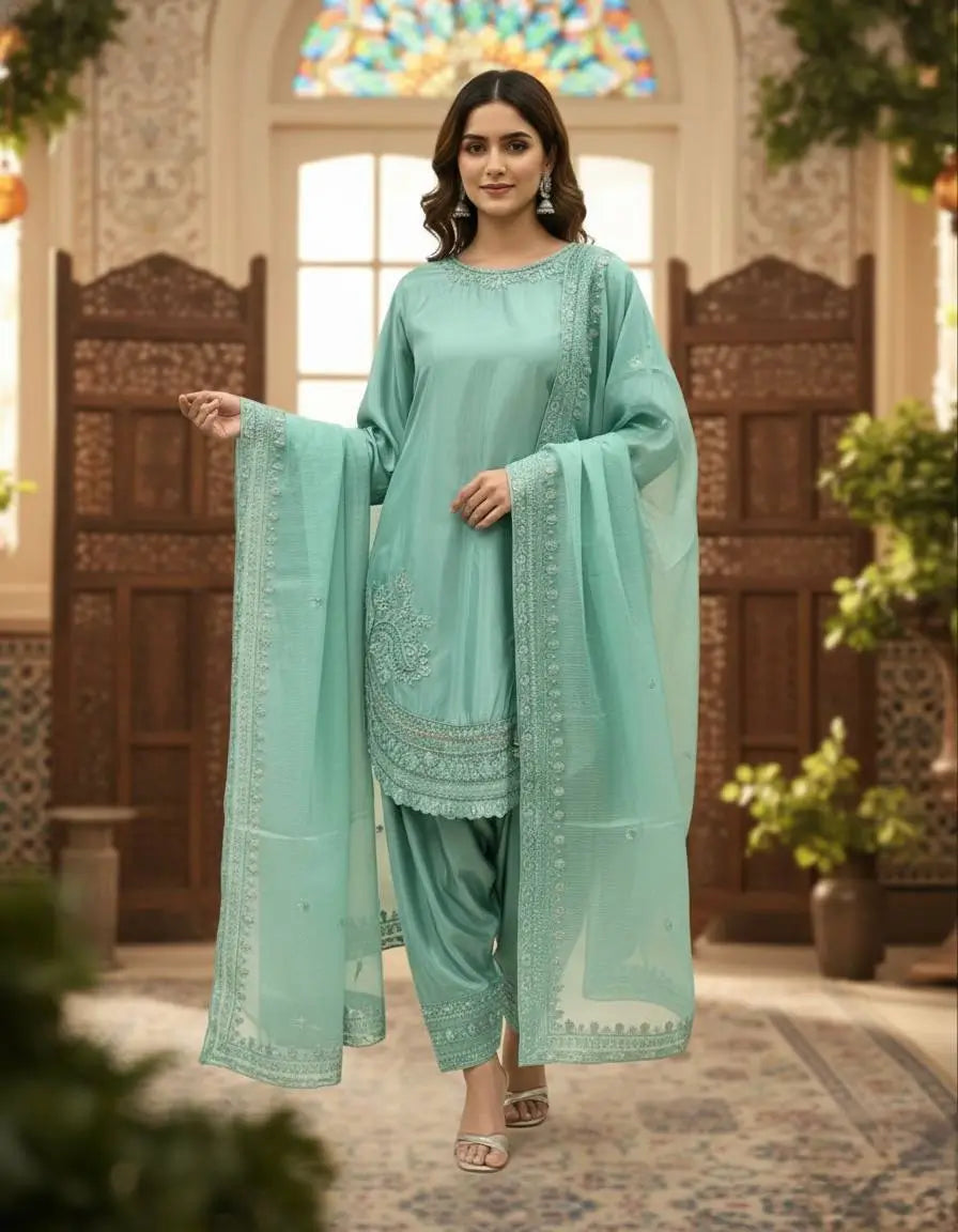 Pure Natural Crepe Farshi Palazzo Set with 3 mm Sequence Embroidery and Organza Dupatta