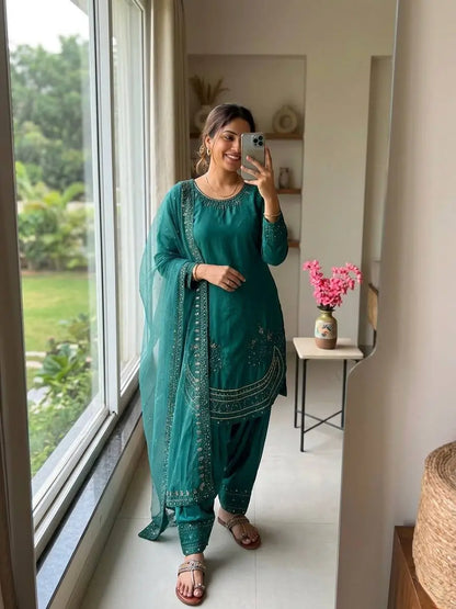 Pure Natural Crepe Farshi Palazzo Set with 3 mm Sequence Embroidery and Organza Dupatta