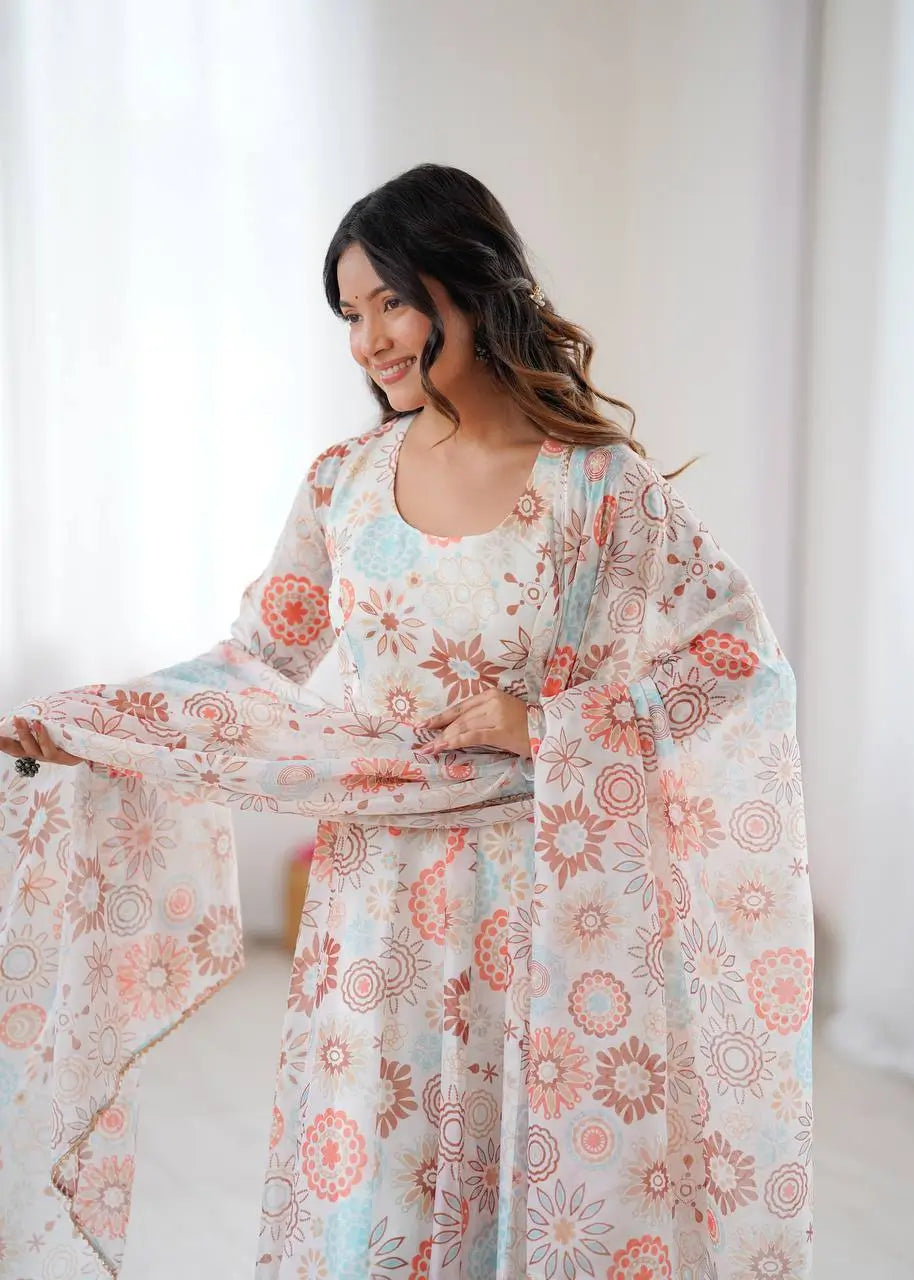 Pure Organza Floral Print Festive Gown Set