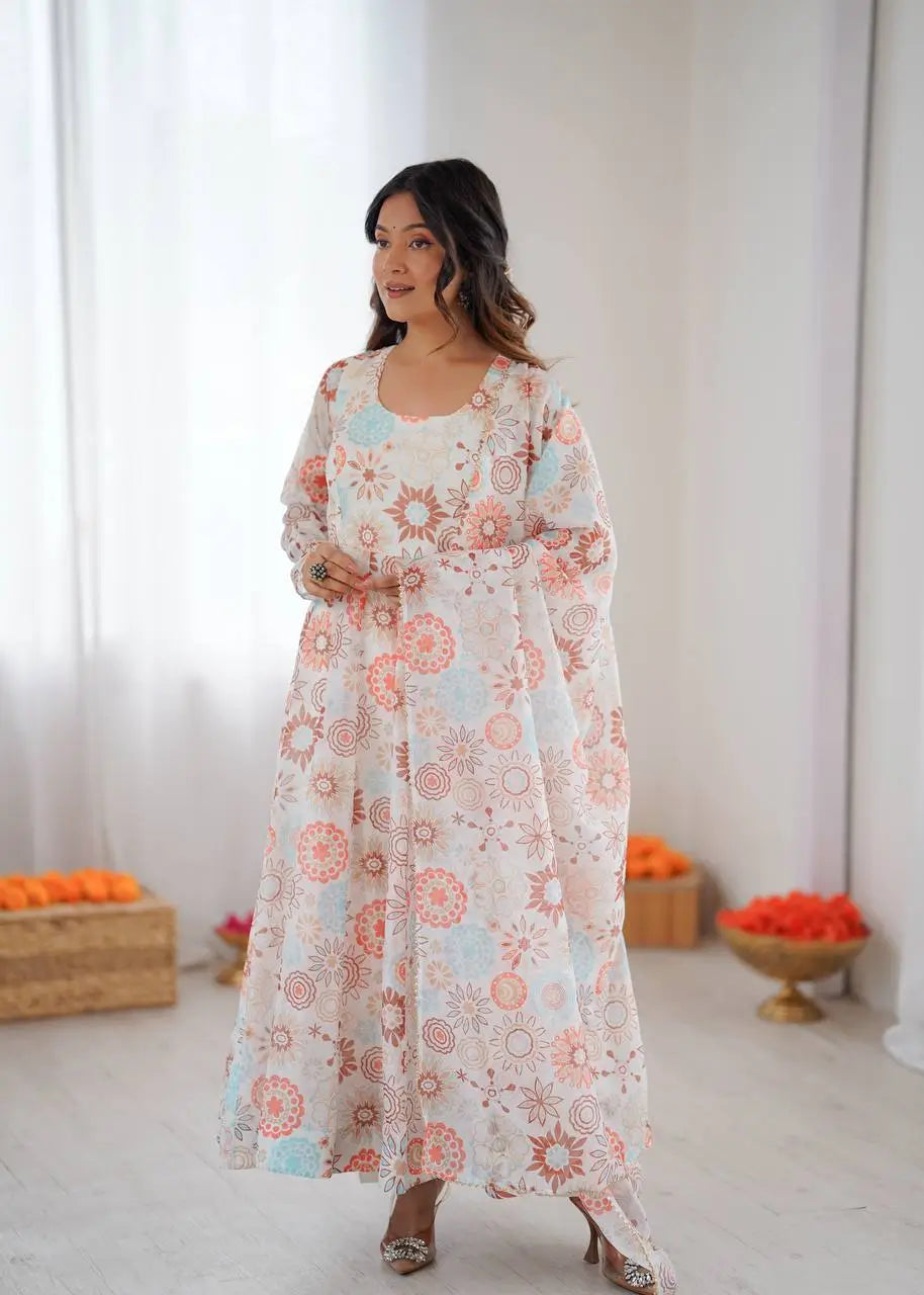 Pure Organza Floral Print Festive Gown Set